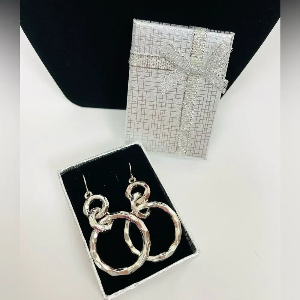 Silver Tone Hammered Dangle Hoop Earrings Pierced